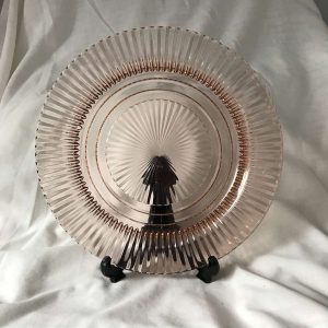 Depression glass pink ribbed pattern serving platter plate tray farmhouse collectible display cottage shabby chic 10" across