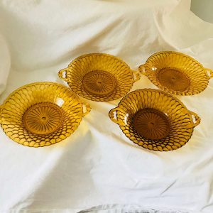 Depression glass serving bowls with handles amber glass collectible serving dining display honeycomb patterned glass