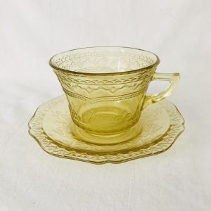 Depression glass Yellow Madrid Pattern tea cup and saucer farmhouse collectible display cottage shabby chic dinning kitchen decor