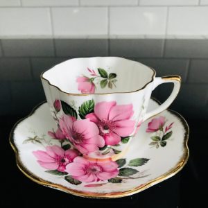 England Tea cup and saucer 22kt gold trim Pink Floral Fine bone china farmhouse cottage collectible display serving