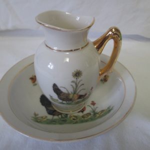 Fantastic Small Rooster Pitcher and Bowl with chicks and flowers