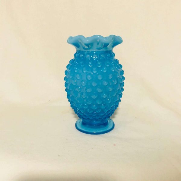 Fenton Hobnail 1950's Aqua Blue glass miniature vase 3 5/8" tall Opalescent rim collectible display vintage home decor bud vase