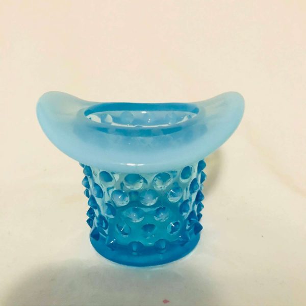 Fenton Hobnail 1950's Aqua Blue HAT glass miniature vase 2 3/4" tall Opalescent rim collectible display vintage home decor bud vase