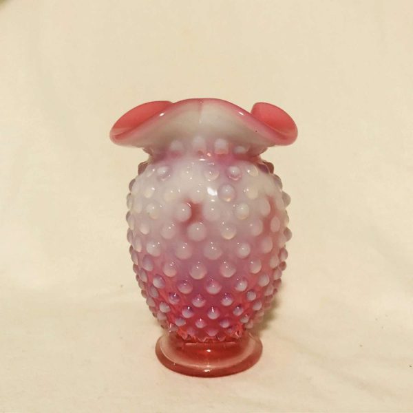 Fenton Hobnail 1950's pink glass miniature vase 3 3/4" tall Opalescent rim collectible display vintage home decor bud vase