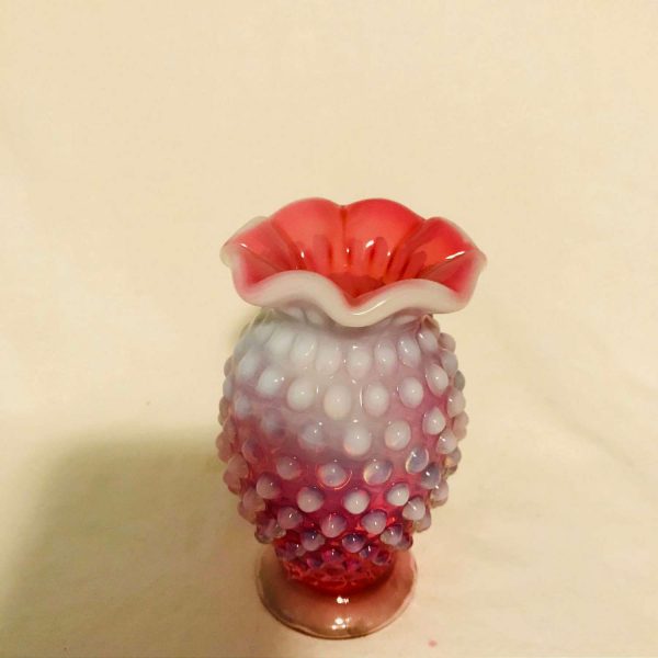 Fenton Hobnail 1950's pink glass miniature vase 4" tall Opalescent rim collectible display vintage home decor bud vase