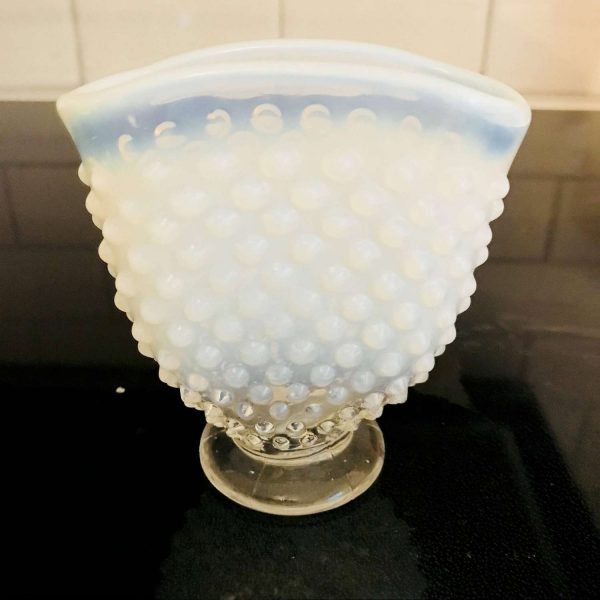 Fenton Hobnail 1950's White Clear glass miniature vase 3 5/8" tall Opalescent rim collectible display vintage home decor bud vase