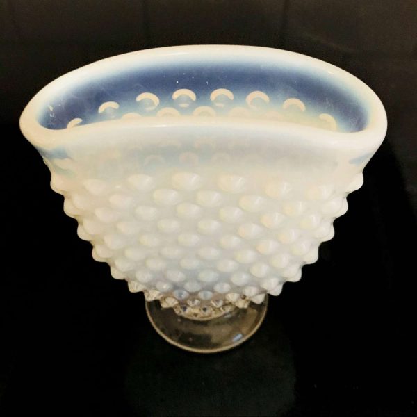 Fenton Hobnail 1950's White Clear glass miniature vase 3 5/8" tall Opalescent rim collectible display vintage home decor bud vase