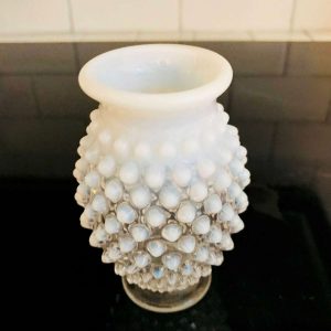 Fenton Hobnail 1950's White Clear glass miniature vase 3 7/8" tall Opalescent rim collectible display vintage home decor bud vase