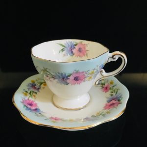 Foley Tea Cup and Saucer Dainty Floral pink lue lavender cornflowers on aqua blue Fine bone china England Collectible Display Farmhouse