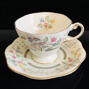 Foley Tea Cup and Saucer hand painted Dainty Delicate Aqua pink blue yellow floral Fine bone china England Collectible Display Farmhouse