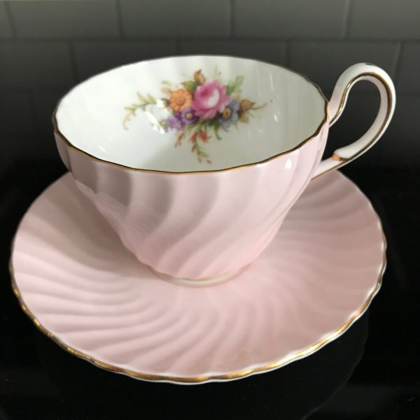 Foley Tea Cup and Saucer Pink Swirl with flowers gold trim Fine bone china England Collectible Display Farmhouse cottage shabby chic