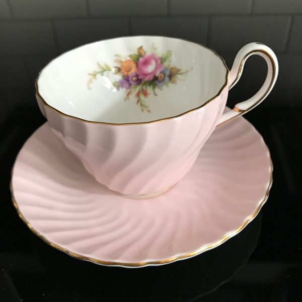 Foley Tea Cup and Saucer Pink Swirl with flowers gold trim Fine bone china England Collectible Display Farmhouse cottage shabby chic