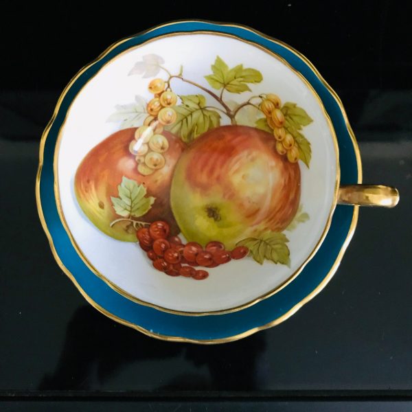 Hammersley Tea Cup and Saucer England Teal with colorful fruit design inside cup detailed Collectible Display Farmhouse