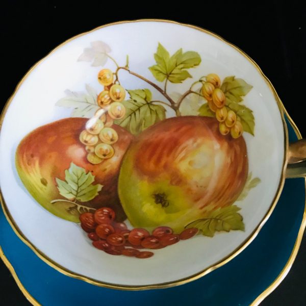 Hammersley Tea Cup and Saucer England Teal with colorful fruit design inside cup detailed Collectible Display Farmhouse