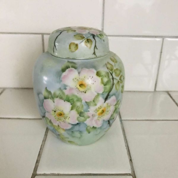 Hand painted ginger jar with lid vase container tea caddy fine bone china collectible pink lotus flower yellow centers blue green background