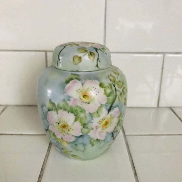 Hand painted ginger jar with lid vase container tea caddy fine bone china collectible pink lotus flower yellow centers blue green background