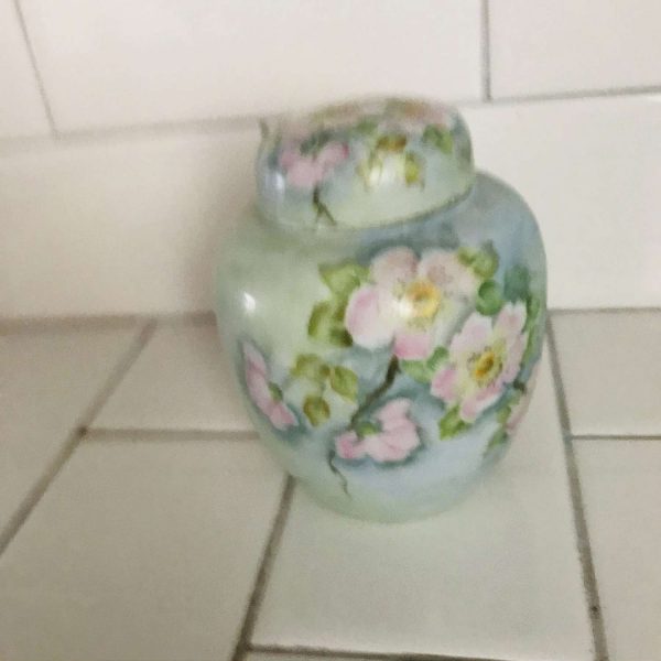 Hand painted ginger jar with lid vase container tea caddy fine bone china collectible pink lotus flower yellow centers blue green background