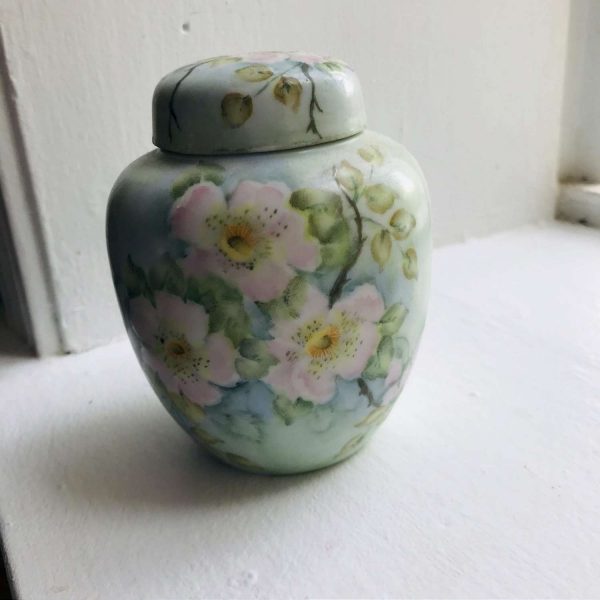 Hand painted ginger jar with lid vase container tea caddy fine bone china collectible pink lotus flower yellow centers blue green background