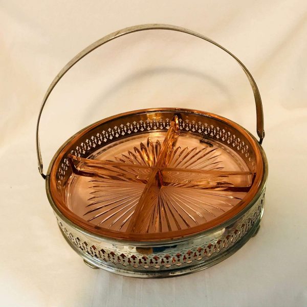 Handled Snack relish divided dish set in Silverplate holder Pink Depression Glass serving dining farmhouse collectible display