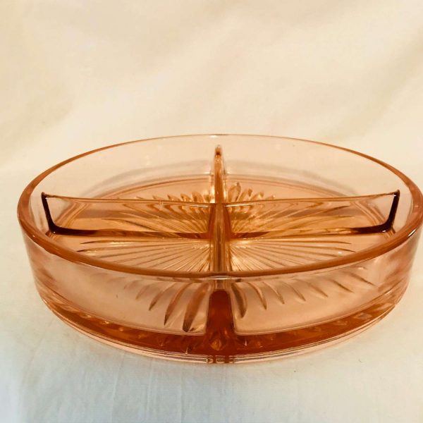 Handled Snack relish divided dish set in Silverplate holder Pink Depression Glass serving dining farmhouse collectible display