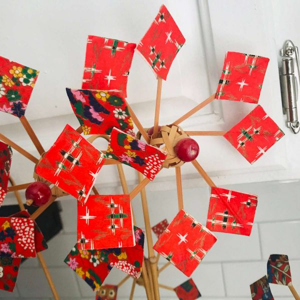 Japanese hand made Pinwheels (10) bamboo woven fronts 1940's origami paper ends collectilbe display working spinning garden home patio Japan