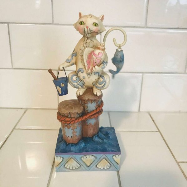 Jim Shore Collectible Cat Fish Beach Sand pail Shell Fish on Tail on folk art base-crazy cat lady cat lovers display figurine