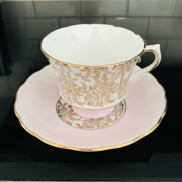 Mayfair Tea cup and saucer England Chintz Pink background heavy gold tiny flowers & leaves  Fine bone china cottage serving coffee