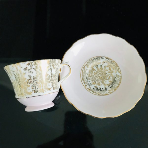 Mayfair Tea cup and saucer England Chintz Pink background heavy gold tiny flowers & leaves  Fine bone china cottage serving coffee