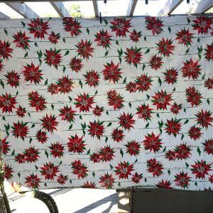 Mid Century Christmas Tablecloth printed cotton red and white with green leaves 50" x 68" kitchen retro Holidays