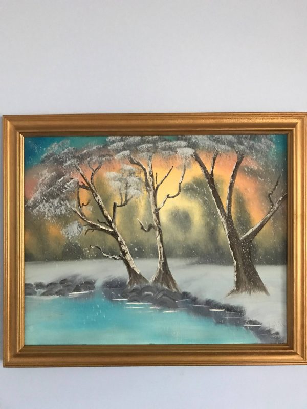 Oil On Canvas Winter Scene pastel Beautiful Coloring in Gold frame 19" x 23 1/2"