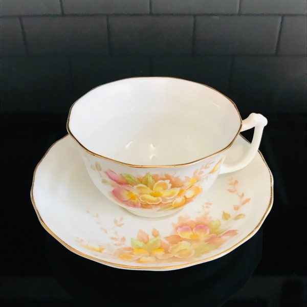 Old Royal Sampson Smith Tea cup and saucer England Fine bone china Yellow & Pink floral beige leaves farmhouse collectible display serving