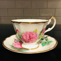 Paragon Tea Cup and Saucer England Pink Yellow Roses Gray small leaves  bridal shower Collectible farmhouse Display Cottage serving coffee –  Carol's True Vintage and Antiques