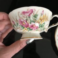 Paragon Tea Cup and Saucer England Pink Yellow Roses Gray small leaves  bridal shower Collectible farmhouse Display Cottage serving coffee –  Carol's True Vintage and Antiques