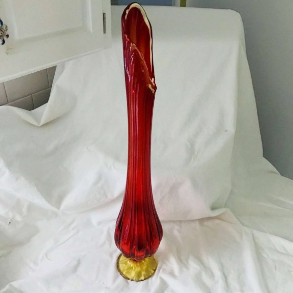 Pedestal Vase Mid Century Modern Amberina Glass Red & Yellow mod retro collectible atomic display 23" tall