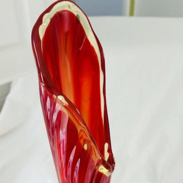 Pedestal Vase Mid Century Modern Amberina Glass Red & Yellow mod retro collectible atomic display 23" tall