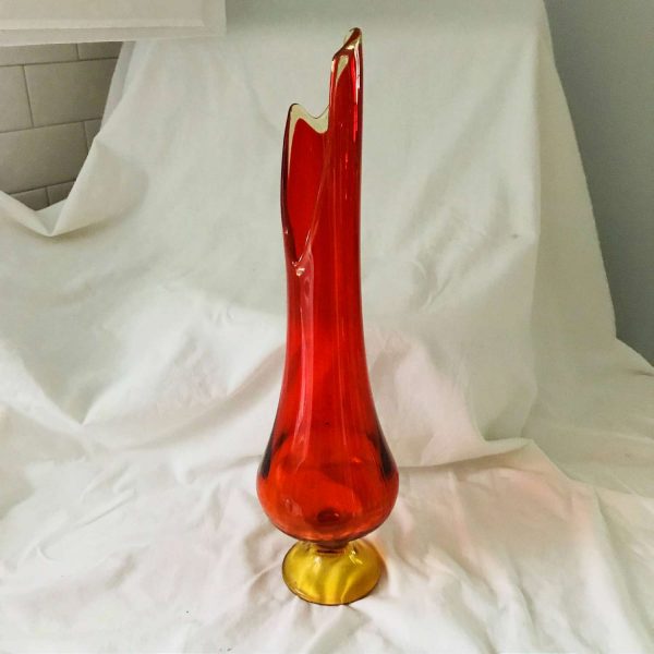 Pedestal Vase Mid Century Modern Amberina Glass Red & Yellow mod retro collectible atomic display 17 1/4" tall