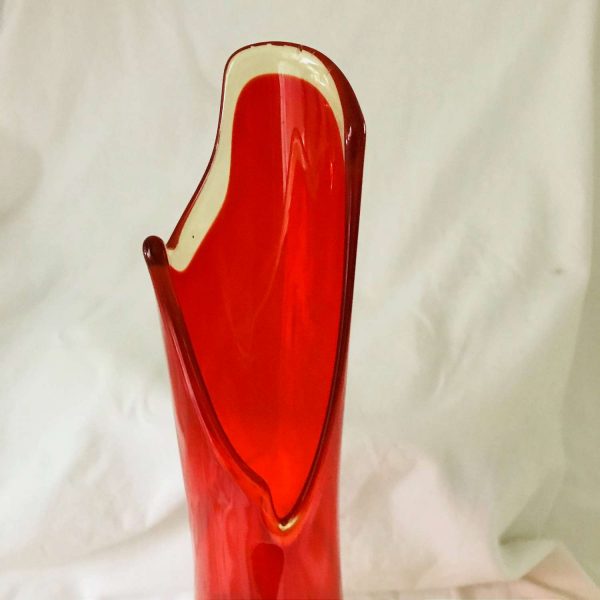 Pedestal Vase Mid Century Modern Amberina Glass Red & Yellow mod retro collectible atomic display 17 1/4" tall