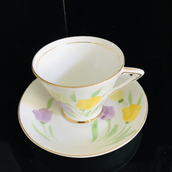 Phoenix tea cup and saucer England Fine bone china Lavender light & dark yellow tulips green leaves collectible display coffee bridal shower
