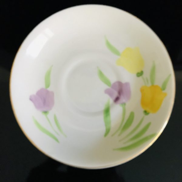 Phoenix tea cup and saucer England Fine bone china Lavender light & dark yellow tulips green leaves collectible display coffee bridal shower