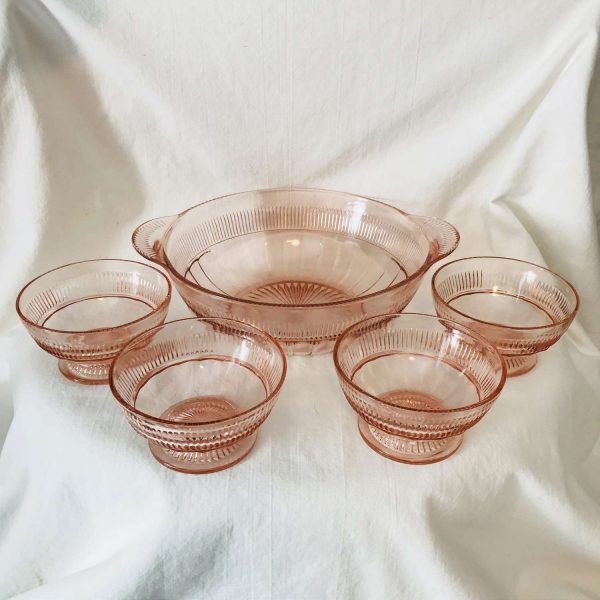 Pink Depression Coronation Master Berry with 4 berry or sherbet pedestal cups bowls complete set double handle master berry bowl