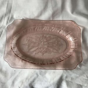 Pink Depression glass serving plate platter tray vintage farmhouse display collectible 1934 Jeannette Glass Co. Adam Pattern