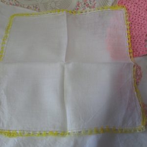 Pretty linen hankie yellow variegated crochet trim