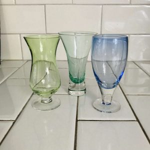 Pretty set of 3 vases green blue & light green various shapes collectible display farmhouse cottage bedroom