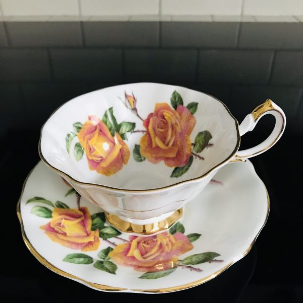 Queen Anne tea cup and saucer England Fine bone china Pink Orange & Yellow Roses gold trim farmhouse collectible display coffee