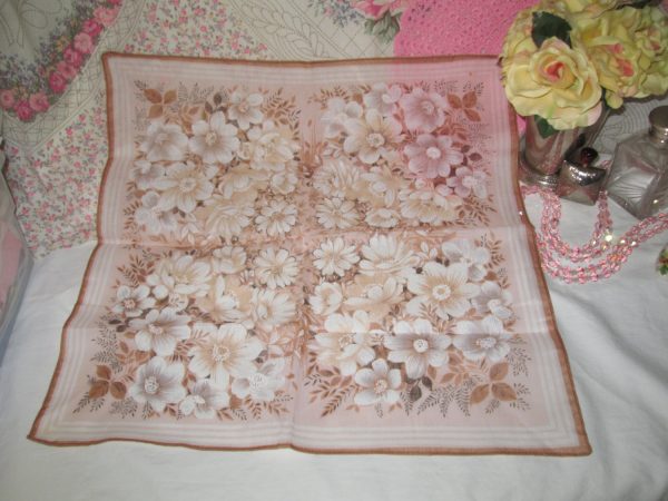 Rare hand rolled cotton Beige Rose Floral hankie handkerchief mid-century