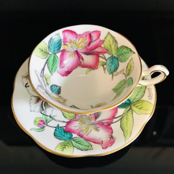 Rosina Signed Bentley Tea Cup and Saucer Fine bone china England Large Pink Floal Green & aqua leaves Collectible Display Cottage Coffee