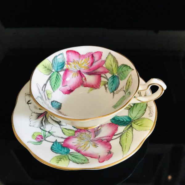 Rosina Signed Bentley Tea Cup and Saucer Fine bone china England Large Pink Floal Green & aqua leaves Collectible Display Cottage Coffee
