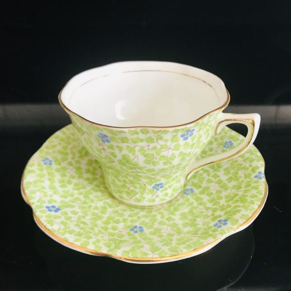 Rosina Tea Cup and Saucer Fine bone china England Chintz Flowers Green clover Blue flowers Collectible Display Farmhouse Cottage bridal