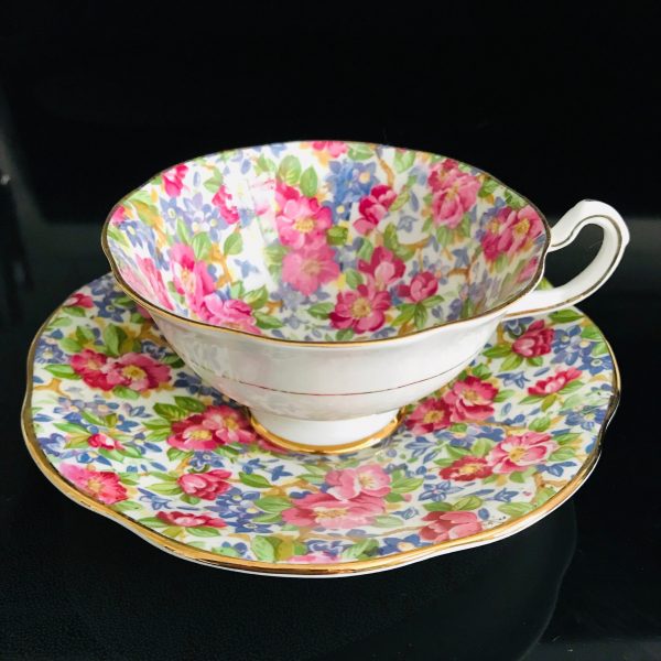 Rosina Tea Cup and Saucer Fine bone china England Chintz Flowers Pink blue yellow Collectible Display Farmhouse Cottage Coffee serving