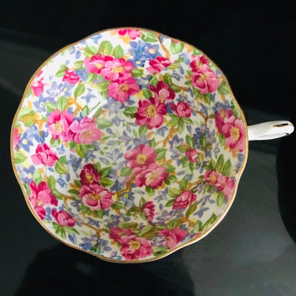 Rosina Tea Cup and Saucer Fine bone china England Chintz Flowers Pink blue yellow Collectible Display Farmhouse Cottage Coffee serving